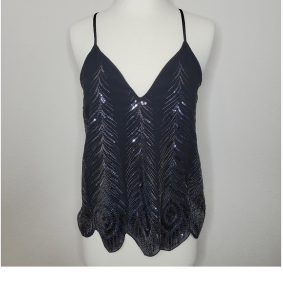 Express Sequin feather sexy black spaghetti strap top L - Picture 5 of 5